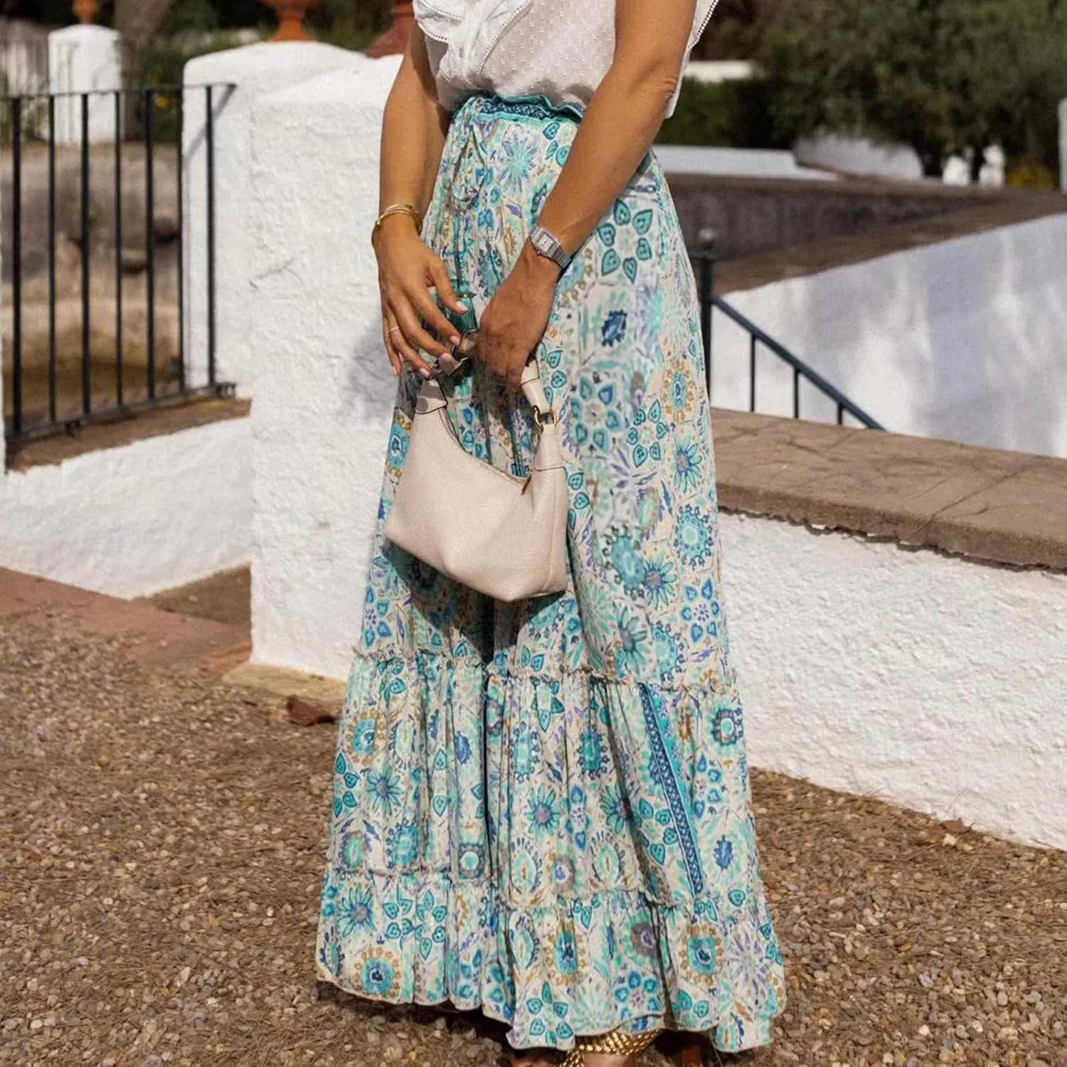 Womens Casual High Waist Maxi Skirts Summer Pleated Flowy Long Skirts Beach Vacation A Line Skirts Holiday Beachwear