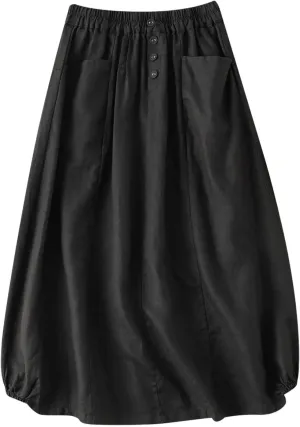 Women's Cotton Linen Skirts Elastic High Waist Button Pleated Midi Skirt with Pockets Casual Fashion Loose Fit Skirt