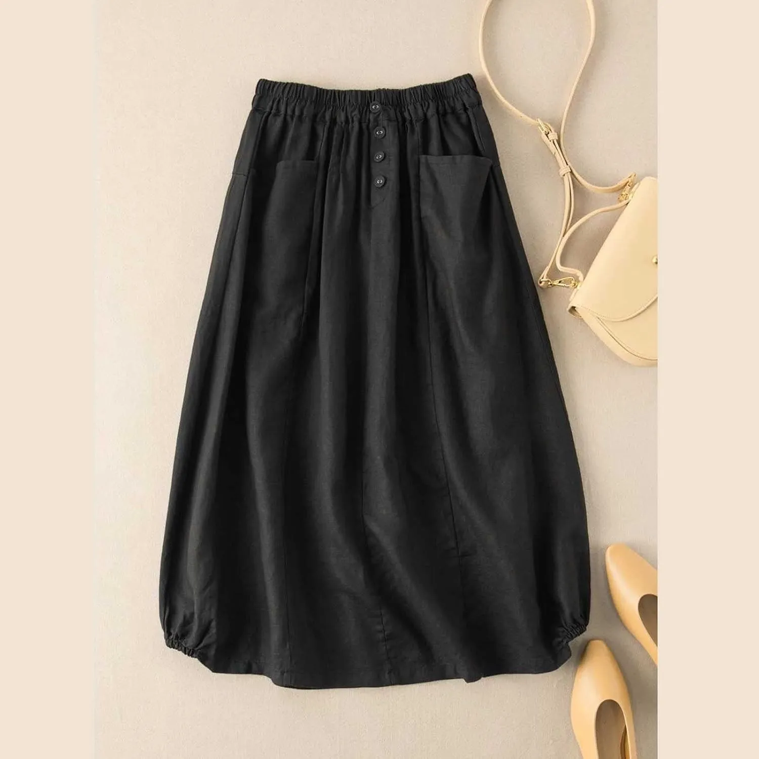 Women's Cotton Linen Skirts Elastic High Waist Button Pleated Midi Skirt with Pockets Casual Fashion Loose Fit Skirt