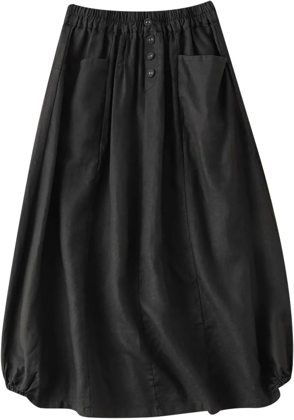 Women's Cotton Linen Skirts Elastic High Waist Button Pleated Midi Skirt with Pockets Casual Fashion Loose Fit Skirt