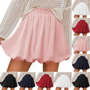 Women's Cute Bubble Skirt Frill Trim Elastic High Waisted Mini Skirts Summer Casual Fashion Solid Short Skater Skirt