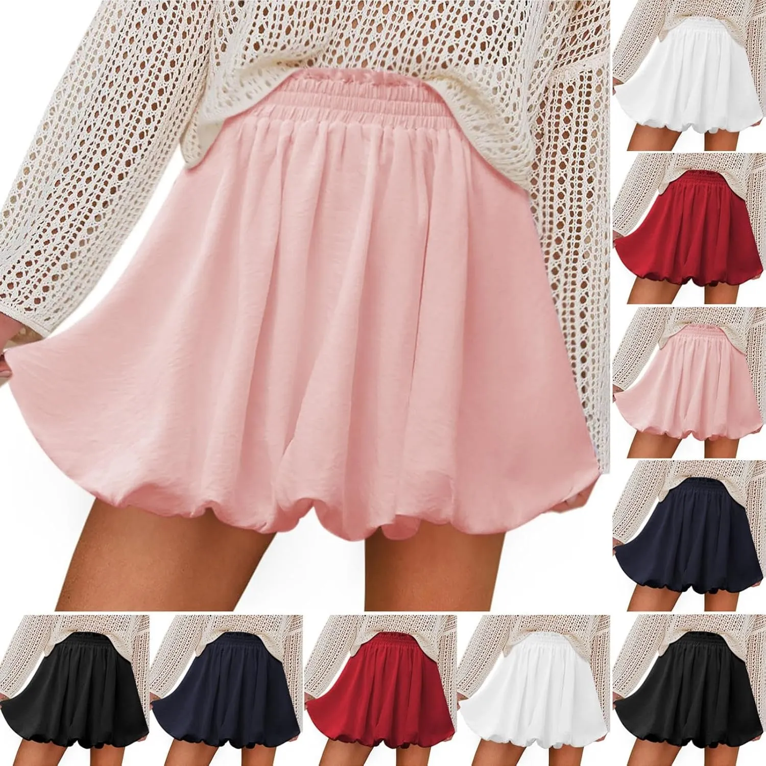 Women's Cute Bubble Skirt Frill Trim Elastic High Waisted Mini Skirts Summer Casual Fashion Solid Short Skater Skirt