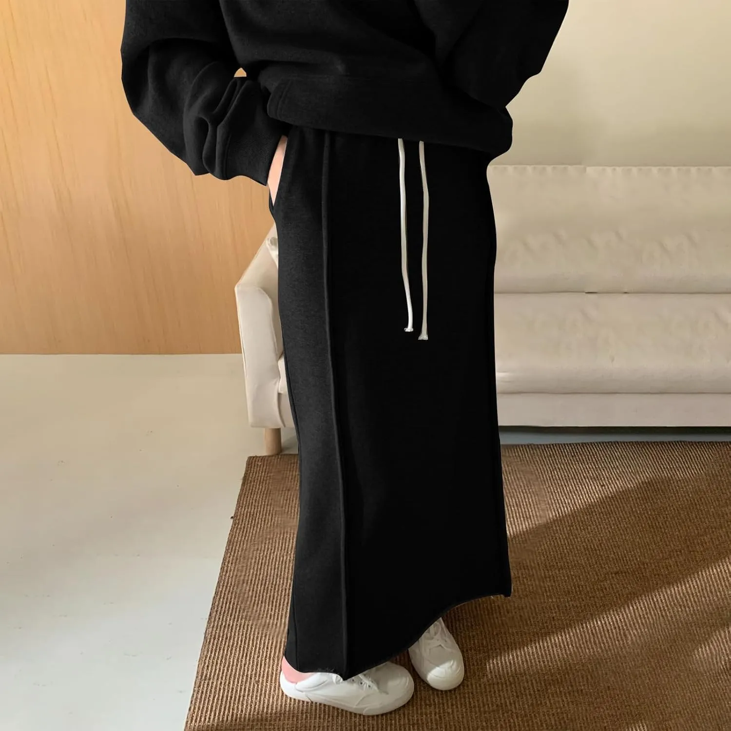 Women's Drawstring Stretch Mid Calf Length Skirt Elastic Waisted Solid Skirts Spring Summer Casual Comfy Skirt