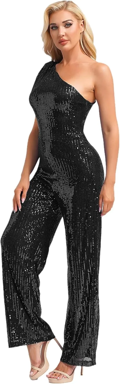 Womens Evening Sparkly Jumpsuit One Shoulder Party Sequin Romper High Waist Wide Leg Pants Suit