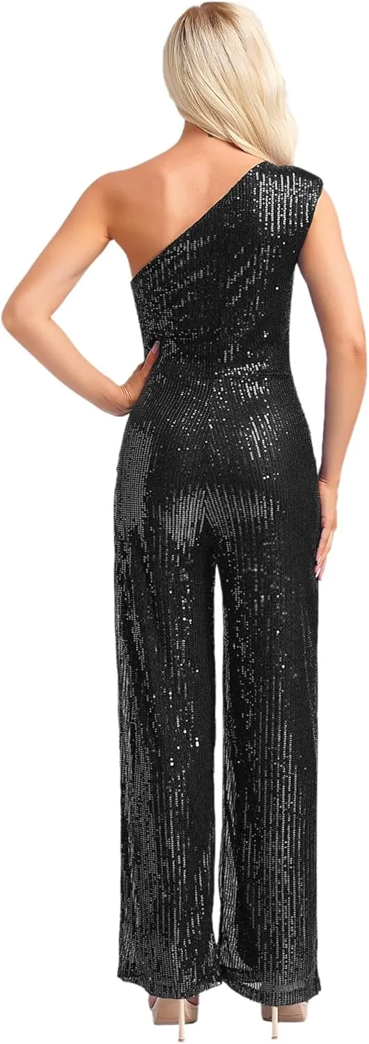 Womens Evening Sparkly Jumpsuit One Shoulder Party Sequin Romper High Waist Wide Leg Pants Suit