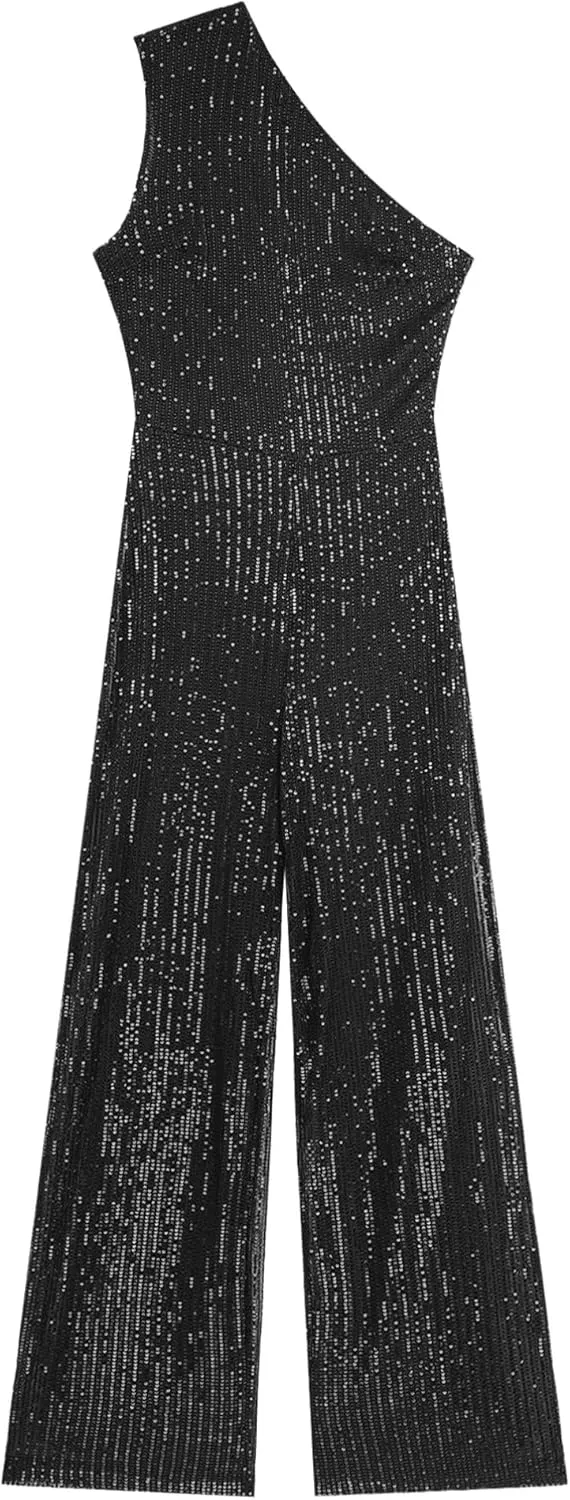 Womens Evening Sparkly Jumpsuit One Shoulder Party Sequin Romper High Waist Wide Leg Pants Suit