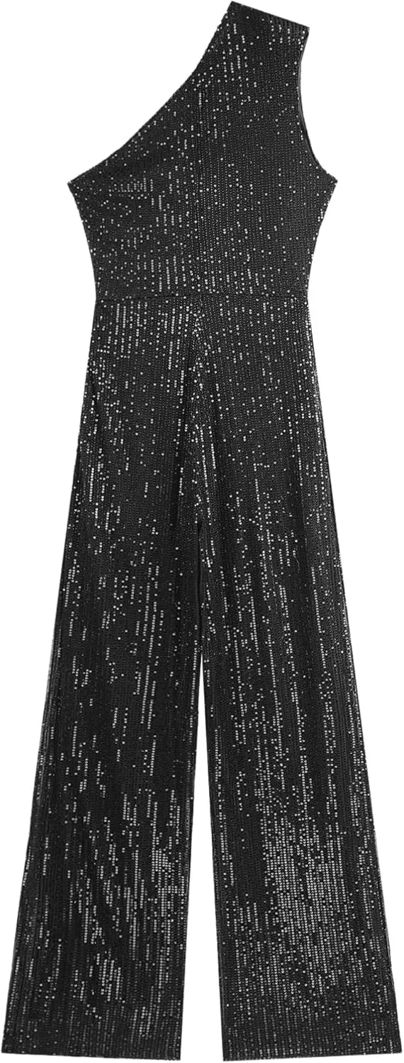 Womens Evening Sparkly Jumpsuit One Shoulder Party Sequin Romper High Waist Wide Leg Pants Suit