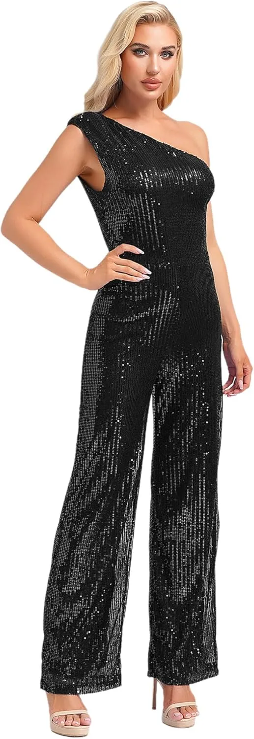 Womens Evening Sparkly Jumpsuit One Shoulder Party Sequin Romper High Waist Wide Leg Pants Suit
