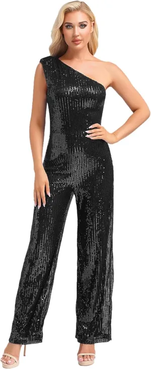 Womens Evening Sparkly Jumpsuit One Shoulder Party Sequin Romper High Waist Wide Leg Pants Suit