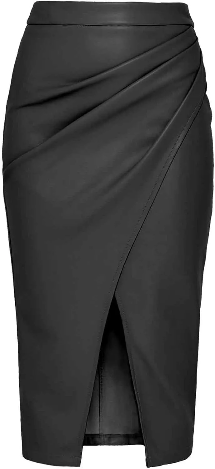 Womens Faux Leather Midi Skirt 2025 Fashion Vintage Ruched Bodycon Pencil Skirts Solid Front Slit Knee Length Skorts