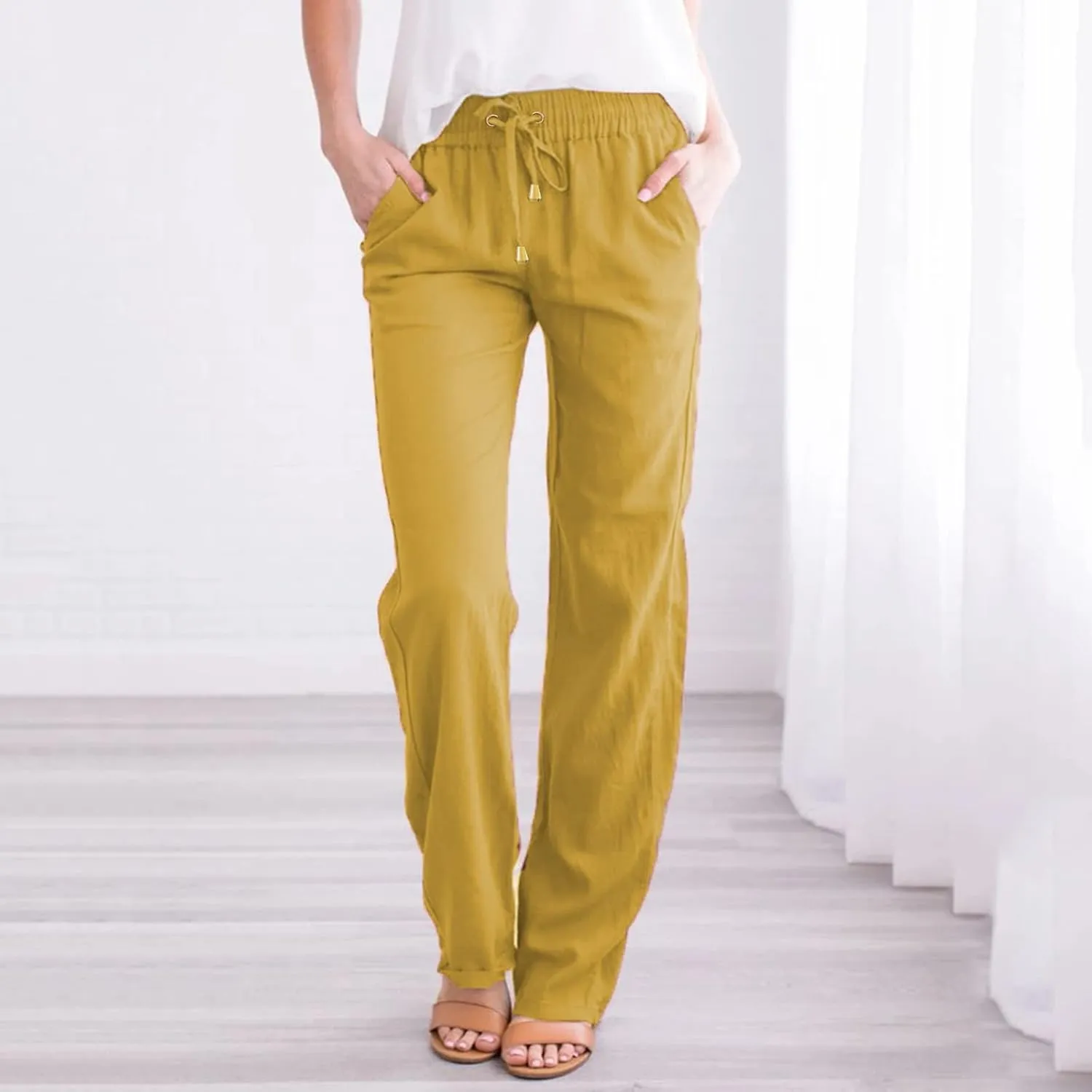 Women's Fleece Lined Pants Winter Flowing Beach Leggings with Pockets Barrel Pants Fleece Lined