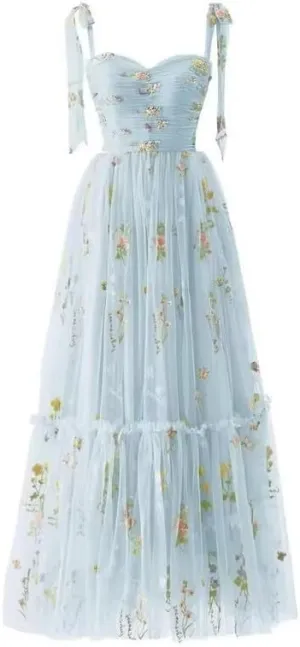 Women's Flower Embroidery Tulle Prom Dresses Tea Length Spaghetti Strap Fairy Formal Evening Party Gown