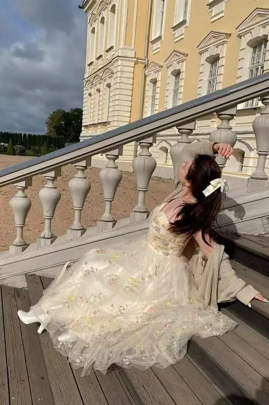 Women's Flower Embroidery Tulle Prom Dresses Tea Length Spaghetti Strap Fairy Formal Evening Party Gown