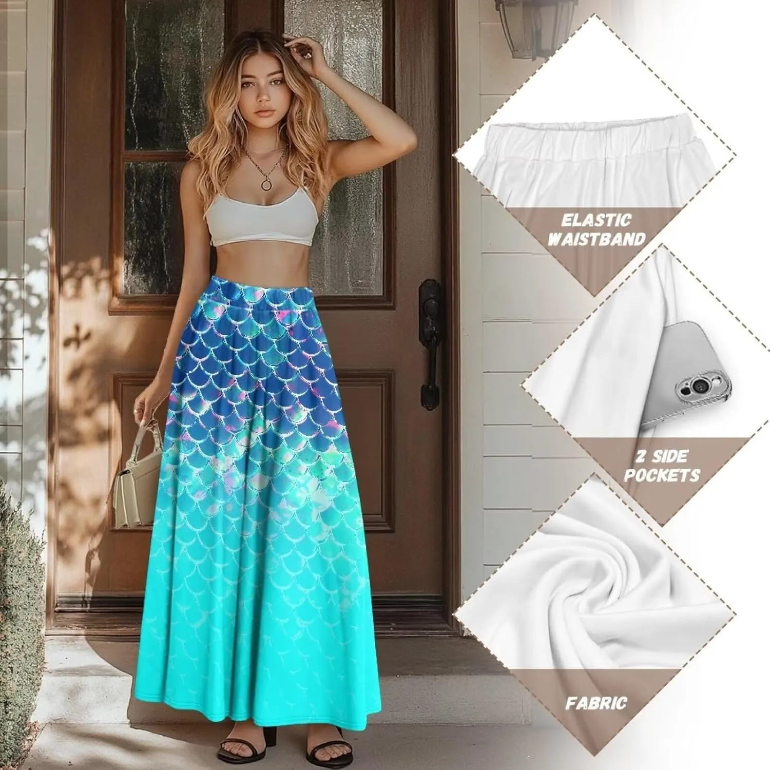Women's Flowy Maxi Skirt High Waist Leopard Skirts with Pockets Elegant Going Out Work Party A-Line Skirt Summer