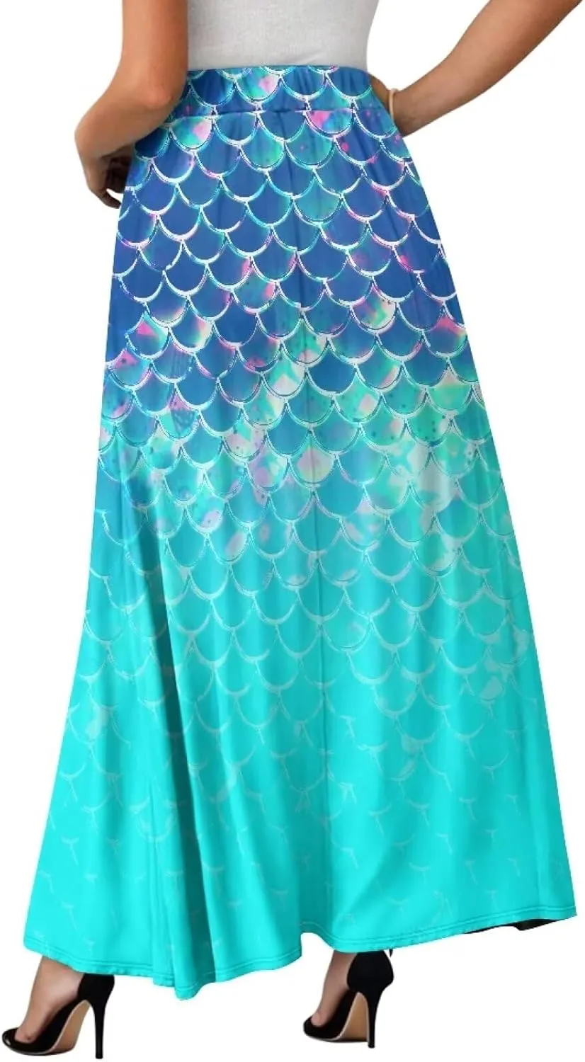 Women's Flowy Maxi Skirt High Waist Leopard Skirts with Pockets Elegant Going Out Work Party A-Line Skirt Summer