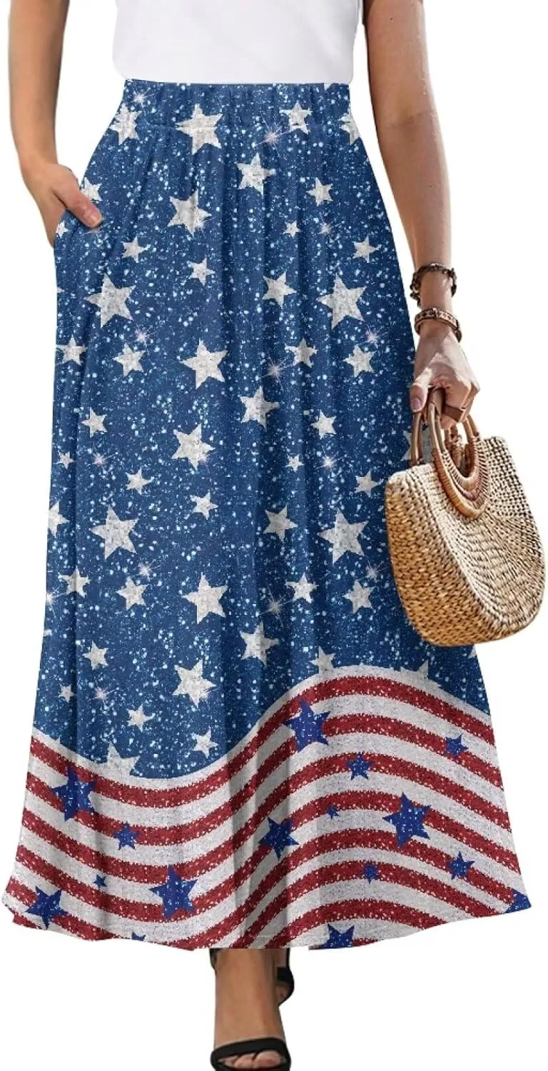 Women's Flowy Maxi Skirt High Waist Leopard Skirts with Pockets Elegant Going Out Work Party A-Line Skirt Summer