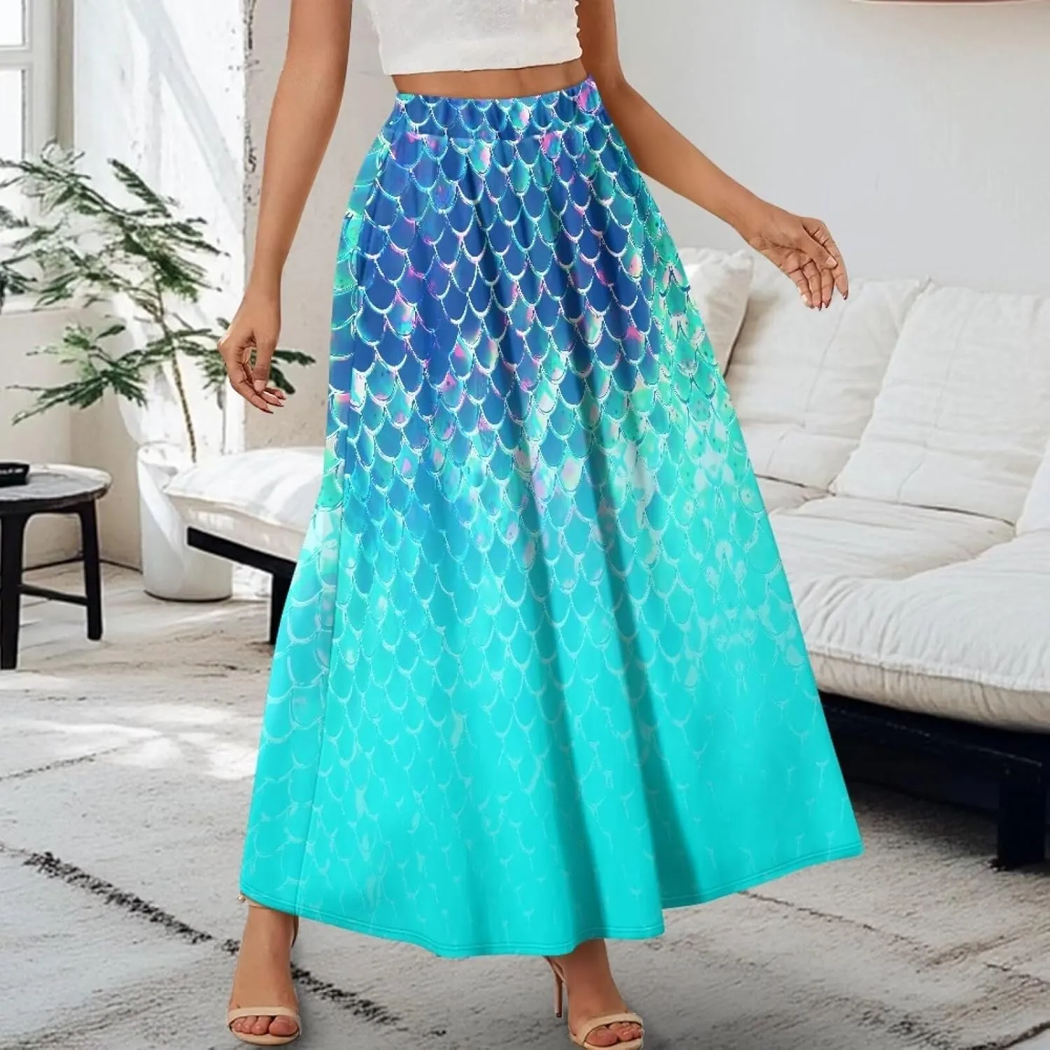 Women's Flowy Maxi Skirt High Waist Leopard Skirts with Pockets Elegant Going Out Work Party A-Line Skirt Summer