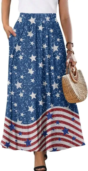 Women's Flowy Maxi Skirt High Waist Leopard Skirts with Pockets Elegant Going Out Work Party A-Line Skirt Summer