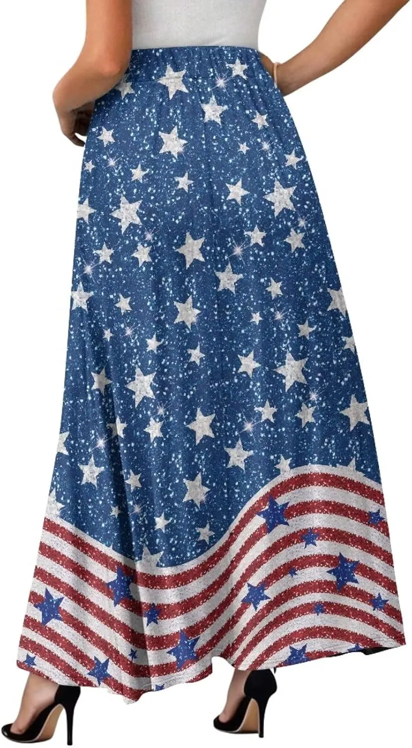 Women's Flowy Maxi Skirt High Waist Leopard Skirts with Pockets Elegant Going Out Work Party A-Line Skirt Summer