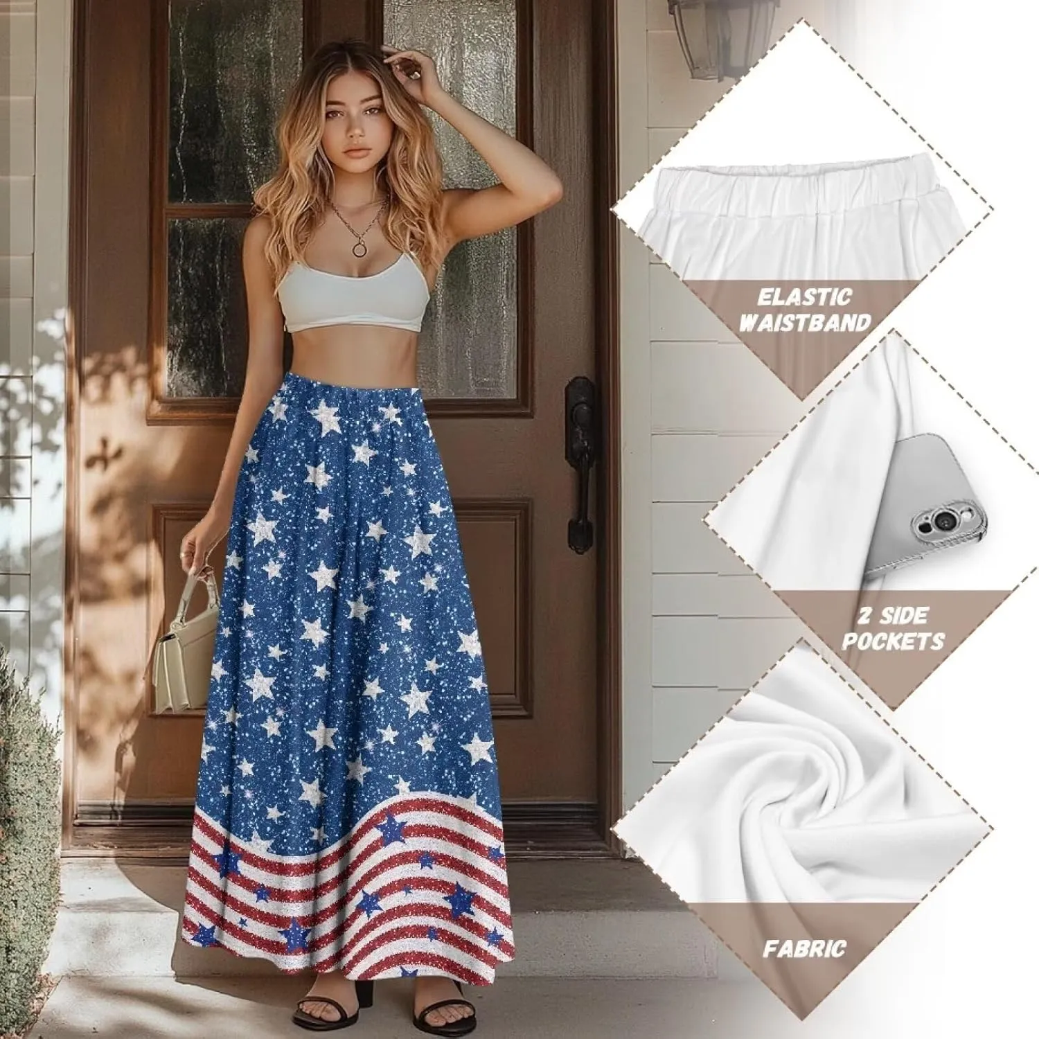 Women's Flowy Maxi Skirt High Waist Leopard Skirts with Pockets Elegant Going Out Work Party A-Line Skirt Summer