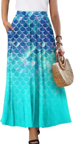 Women's Flowy Maxi Skirt High Waist Leopard Skirts with Pockets Elegant Going Out Work Party A-Line Skirt Summer