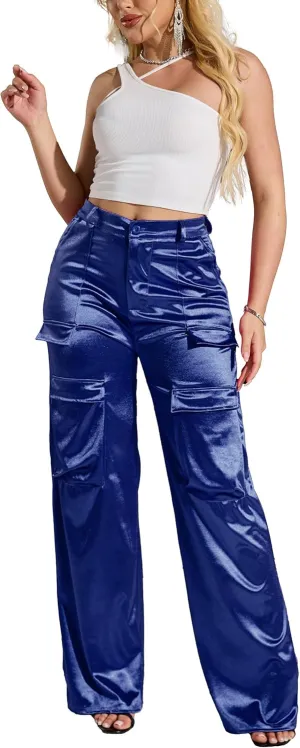 Womens High Waisted Satin Cargo Pants Loose Fit Wide Leg Trousers with Pockets Trendy Outfit