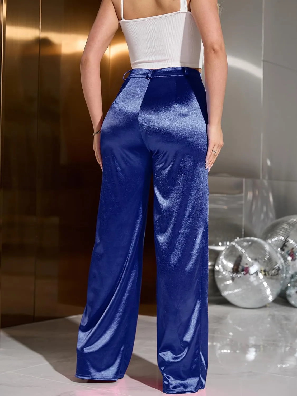 Womens High Waisted Satin Cargo Pants Loose Fit Wide Leg Trousers with Pockets Trendy Outfit