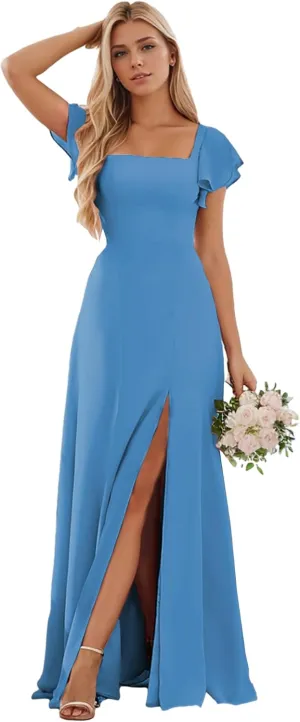 Women's Long Bridesmaid Dresses with Sleeves Chiffon Formal Dress for Wedding Guest Corset Evening Gown