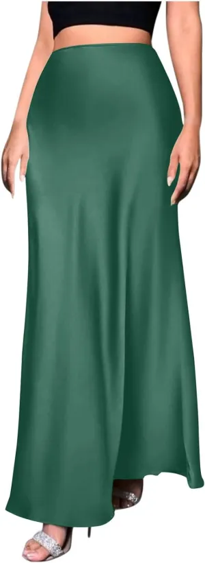 Women's Long Satin Skirt with Zipper High Waisted Flared Casual A Line Maxi Silk Skirts Party Wedding Dress