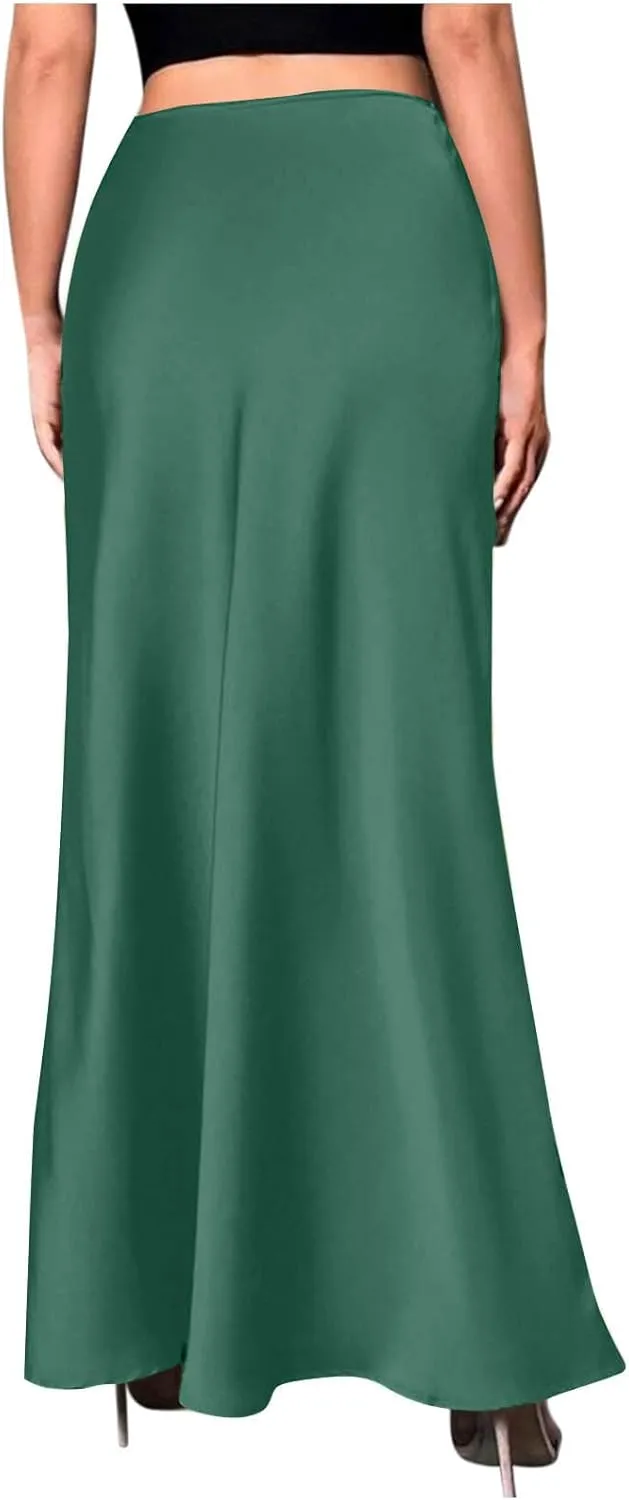 Women's Long Satin Skirt with Zipper High Waisted Flared Casual A Line Maxi Silk Skirts Party Wedding Dress