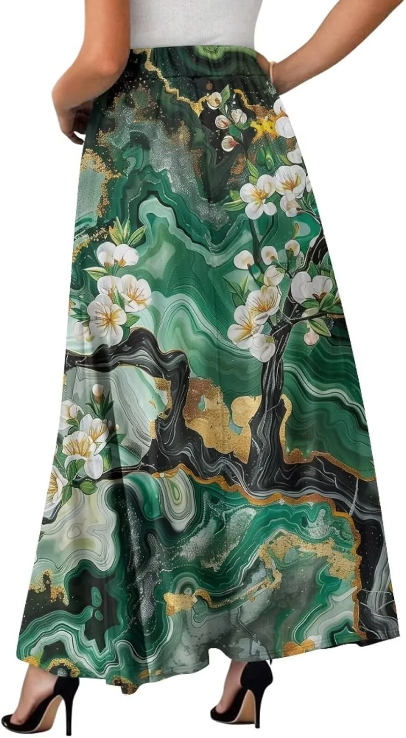 Womens Long Skirt Pleated Swing Party Cocktail High Waist Skirts A-Line Ruffle Flared Maxi Skirts with Pockets