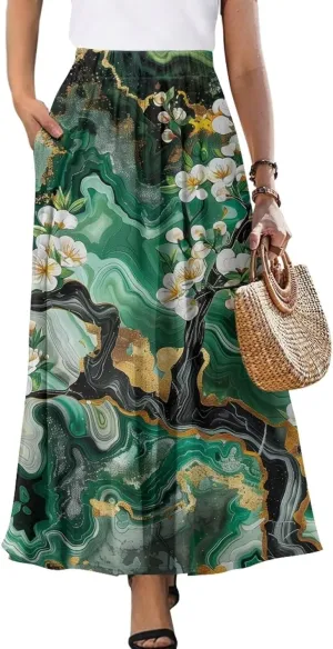 Womens Long Skirt Pleated Swing Party Cocktail High Waist Skirts A-Line Ruffle Flared Maxi Skirts with Pockets