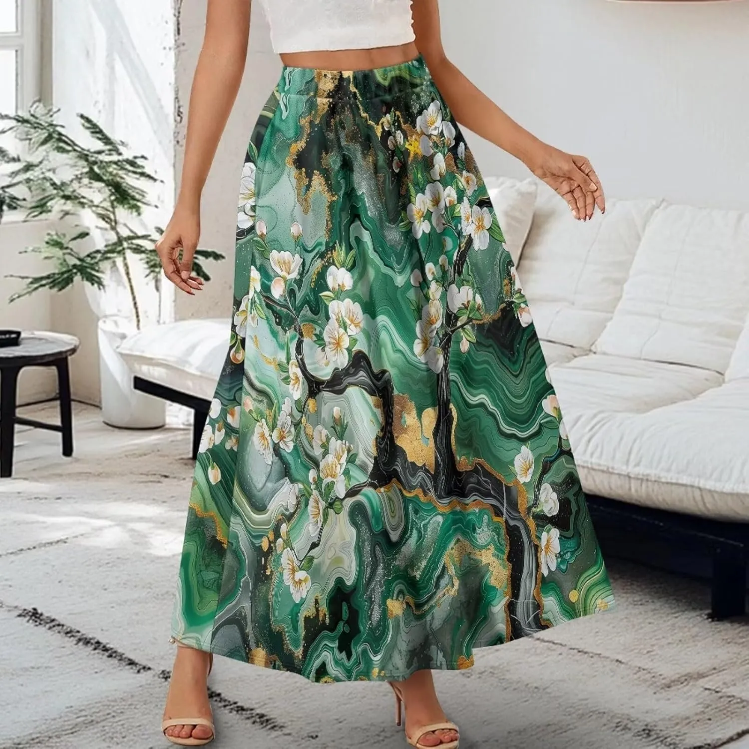 Womens Long Skirt Pleated Swing Party Cocktail High Waist Skirts A-Line Ruffle Flared Maxi Skirts with Pockets