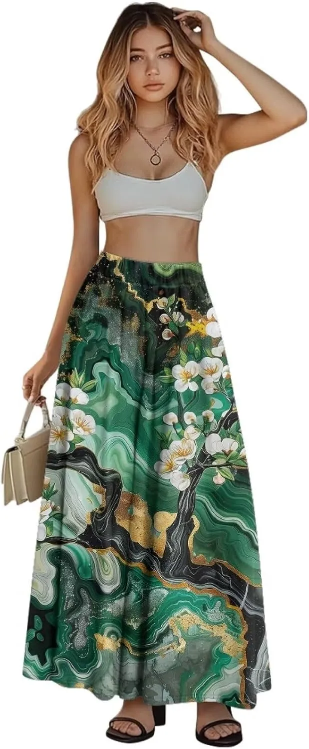 Womens Long Skirt Pleated Swing Party Cocktail High Waist Skirts A-Line Ruffle Flared Maxi Skirts with Pockets