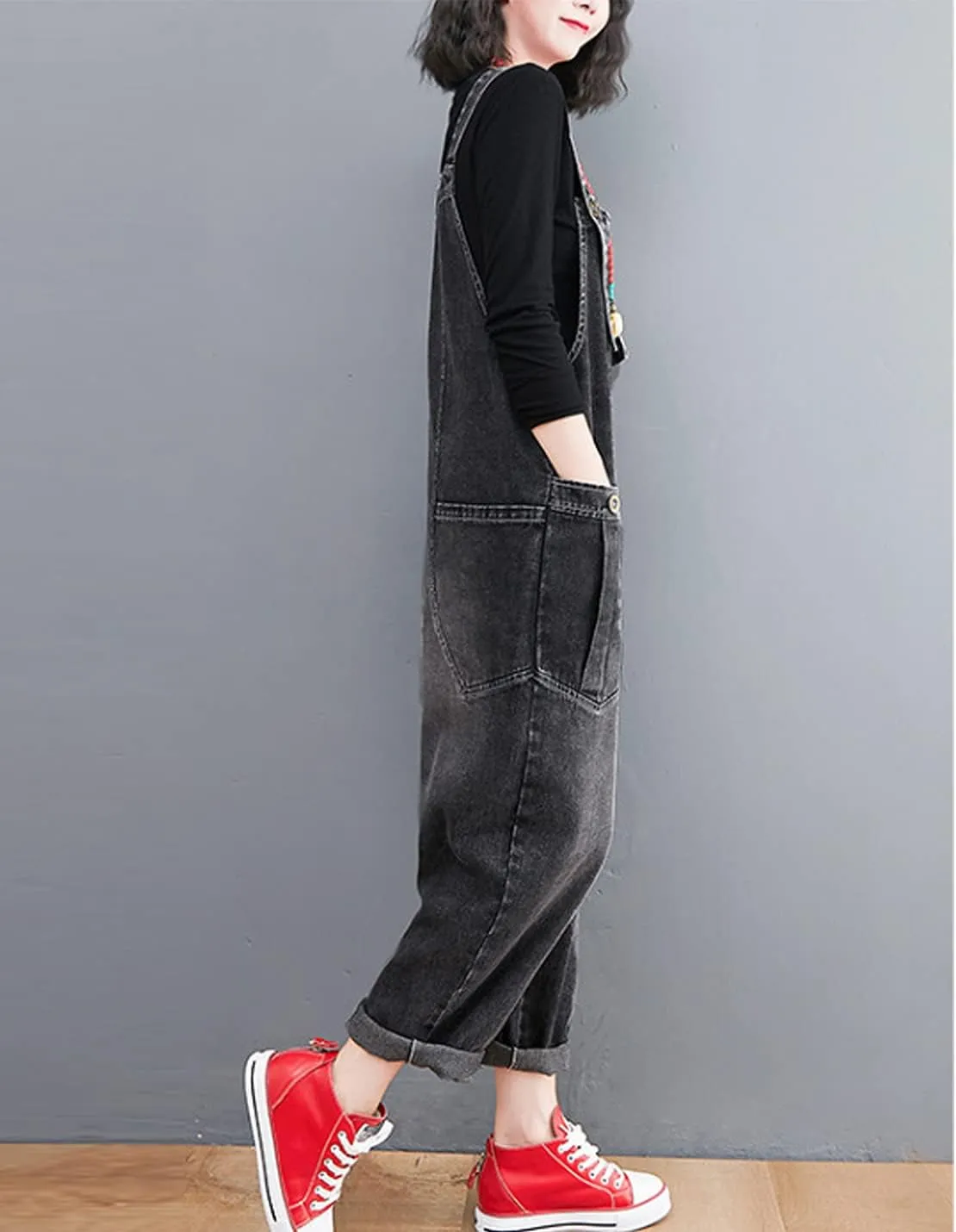 Women's Loose Baggy Denim Overalls Casual Vintage Adjustable Straps Stretch Bib Jumpsuit Rompers Harem Pants