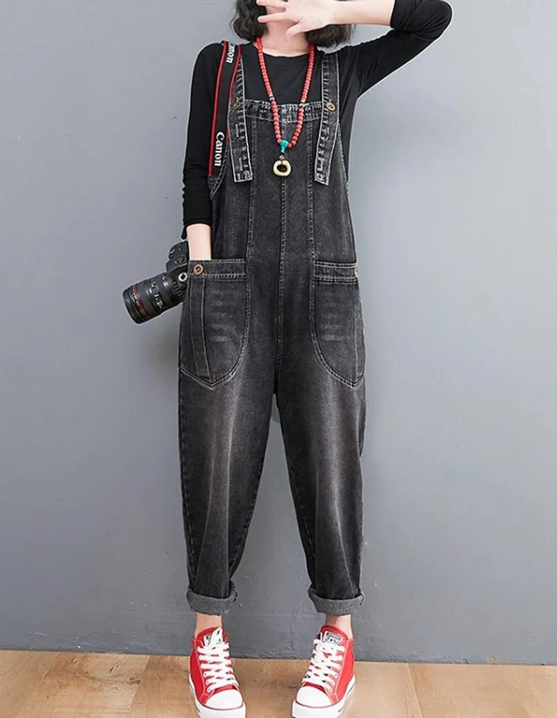 Women's Loose Baggy Denim Overalls Casual Vintage Adjustable Straps Stretch Bib Jumpsuit Rompers Harem Pants