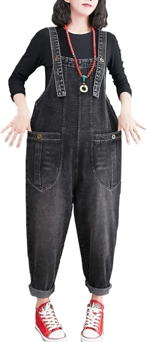 Women's Loose Baggy Denim Overalls Casual Vintage Adjustable Straps Stretch Bib Jumpsuit Rompers Harem Pants