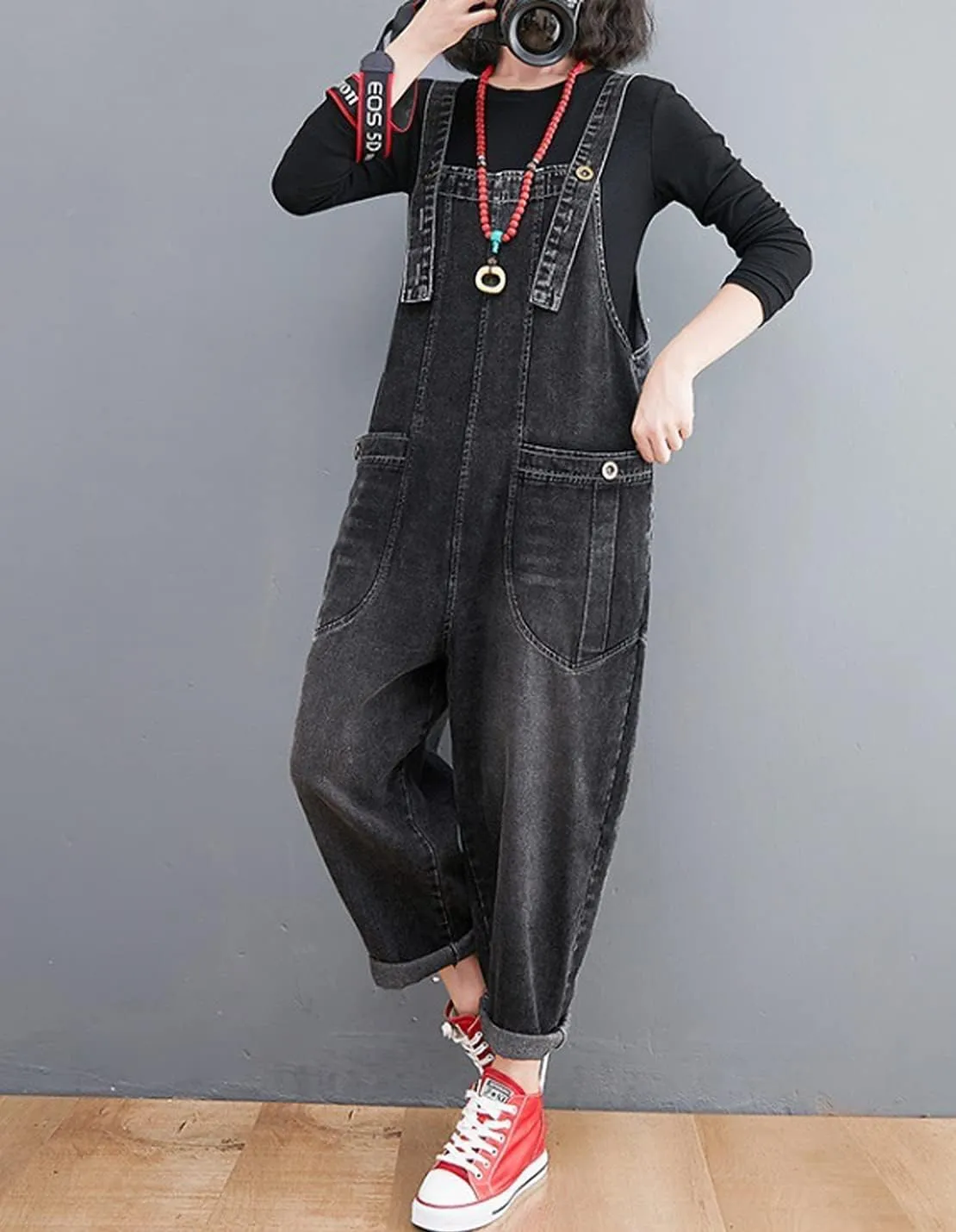 Women's Loose Baggy Denim Overalls Casual Vintage Adjustable Straps Stretch Bib Jumpsuit Rompers Harem Pants