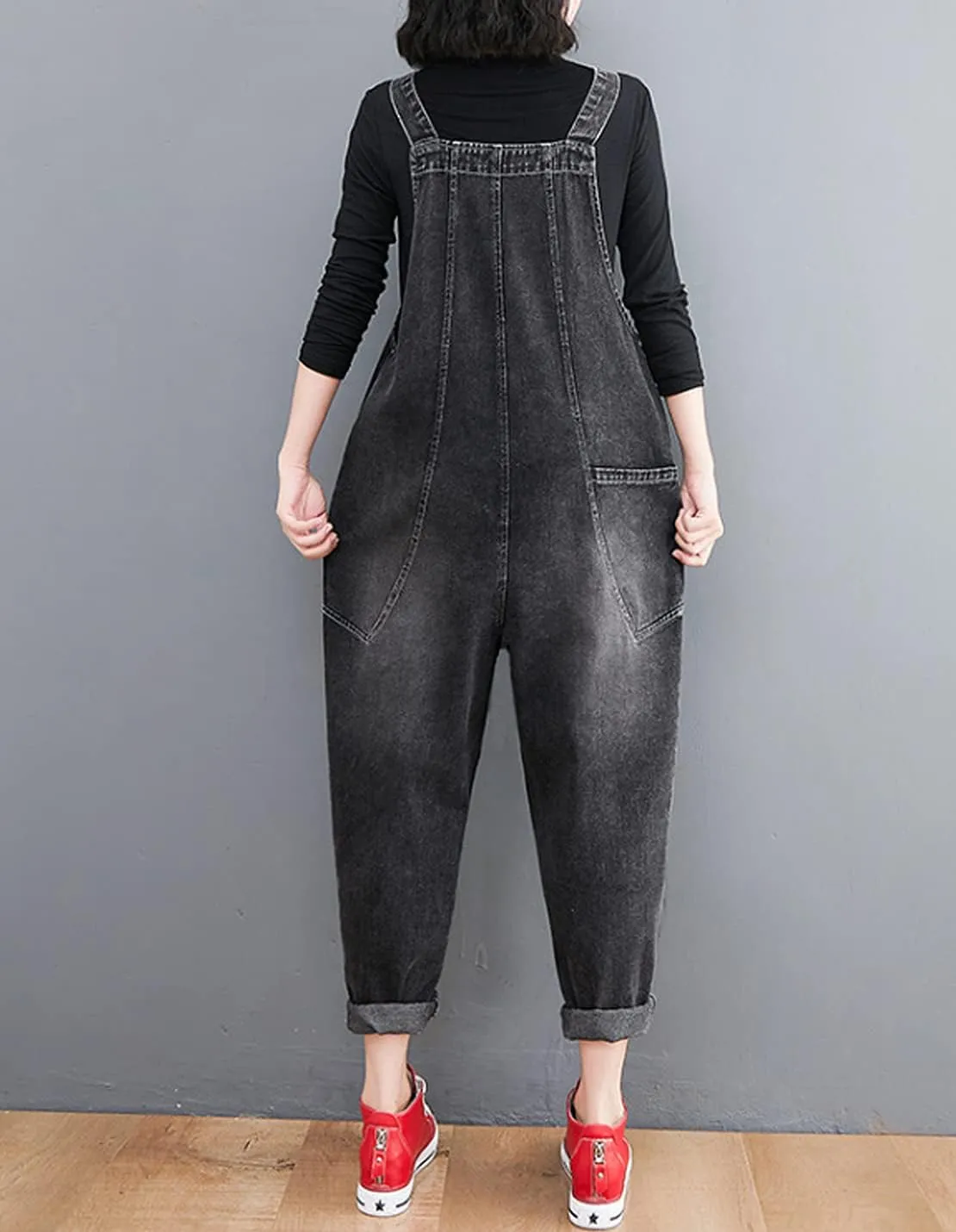 Women's Loose Baggy Denim Overalls Casual Vintage Adjustable Straps Stretch Bib Jumpsuit Rompers Harem Pants
