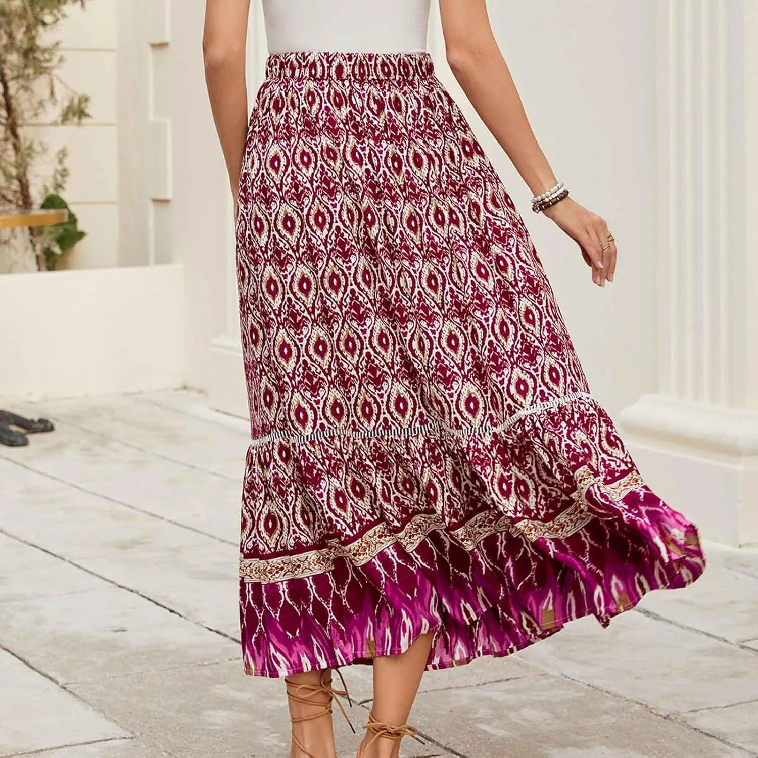 Womens Maxi Skirts Bohomian Midi Skirt Flowy Beach Skirt High Waist Long Skirt A Line Prined Skirt Summer Skirts