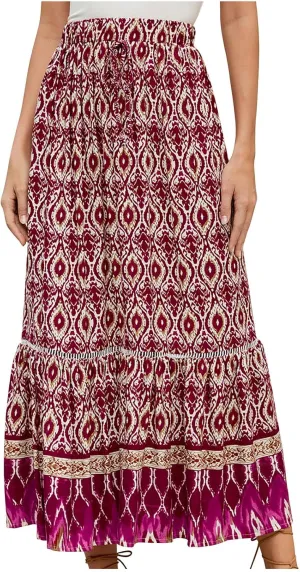 Womens Maxi Skirts Bohomian Midi Skirt Flowy Beach Skirt High Waist Long Skirt A Line Prined Skirt Summer Skirts