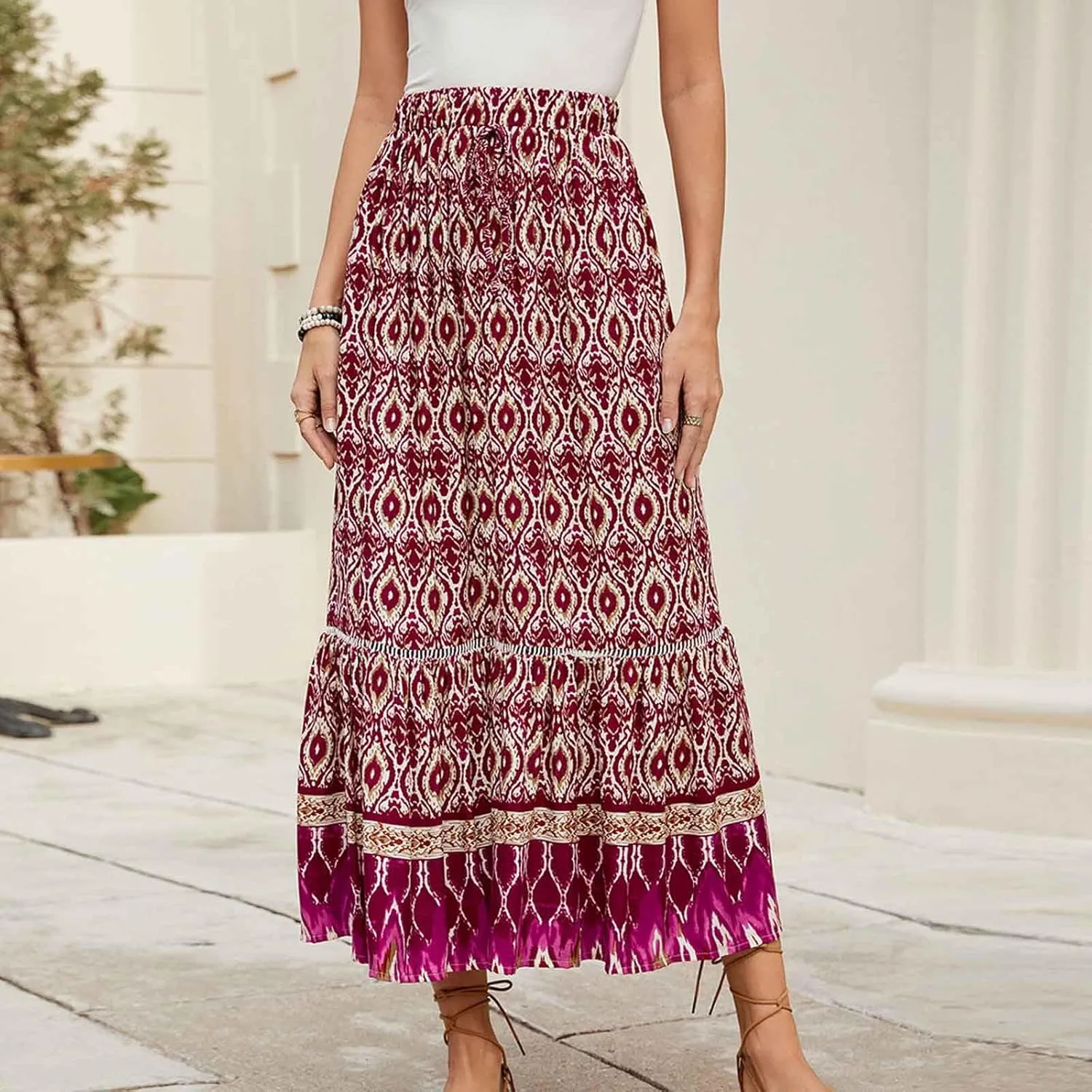 Womens Maxi Skirts Bohomian Midi Skirt Flowy Beach Skirt High Waist Long Skirt A Line Prined Skirt Summer Skirts