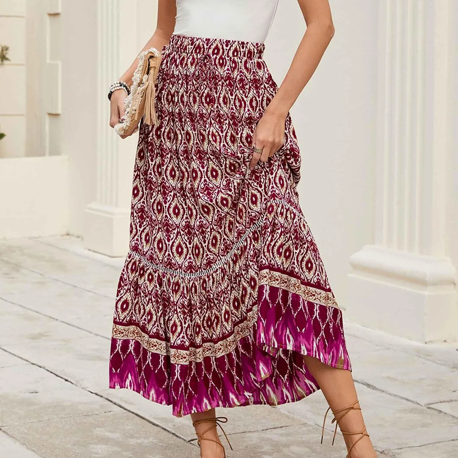 Womens Maxi Skirts Bohomian Midi Skirt Flowy Beach Skirt High Waist Long Skirt A Line Prined Skirt Summer Skirts