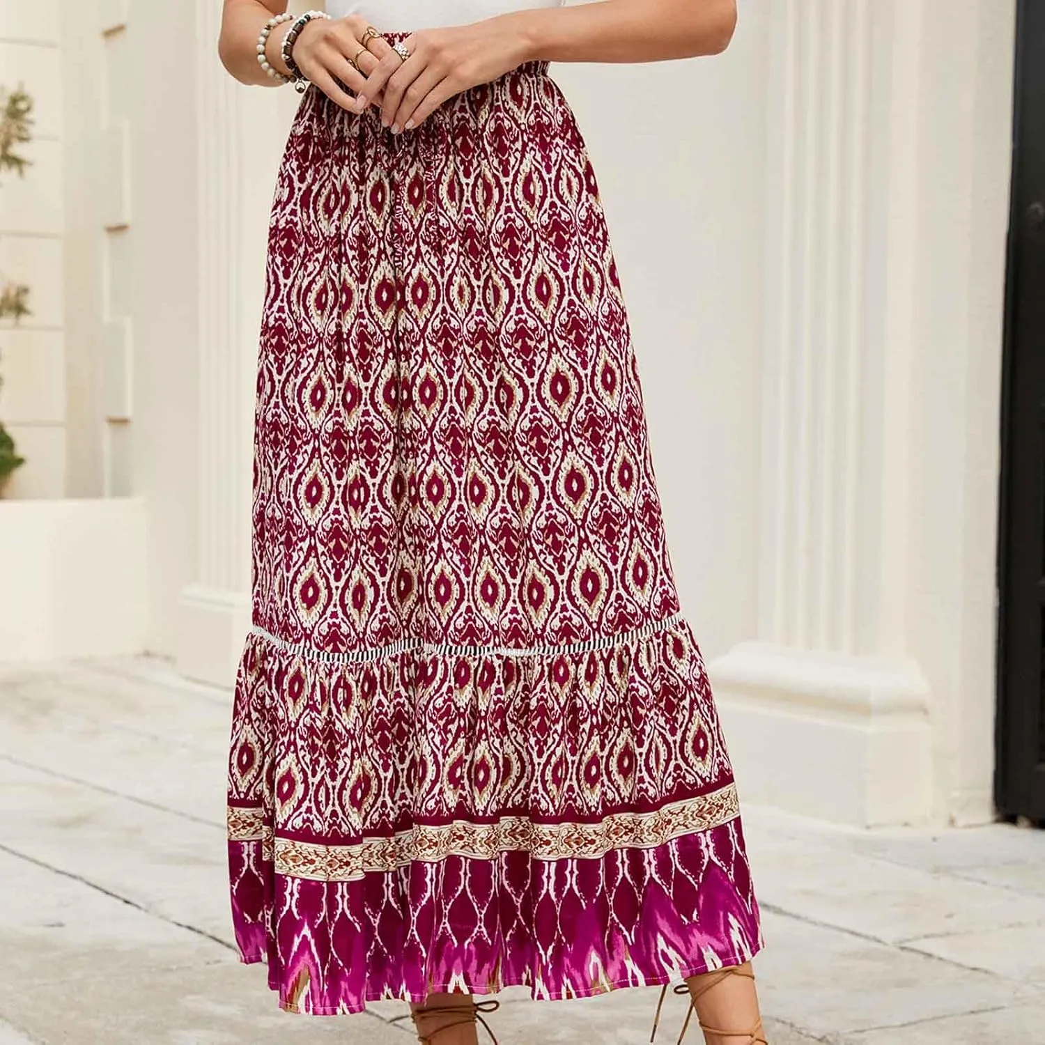 Womens Maxi Skirts Bohomian Midi Skirt Flowy Beach Skirt High Waist Long Skirt A Line Prined Skirt Summer Skirts