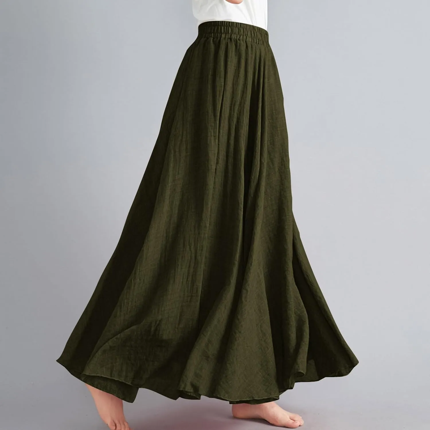 Womens Maxi Skirts Summer Boho Solid Beach Elastic High Waist Pleated A-Line Flowy Solid Color Swing Long Maxi Skirt