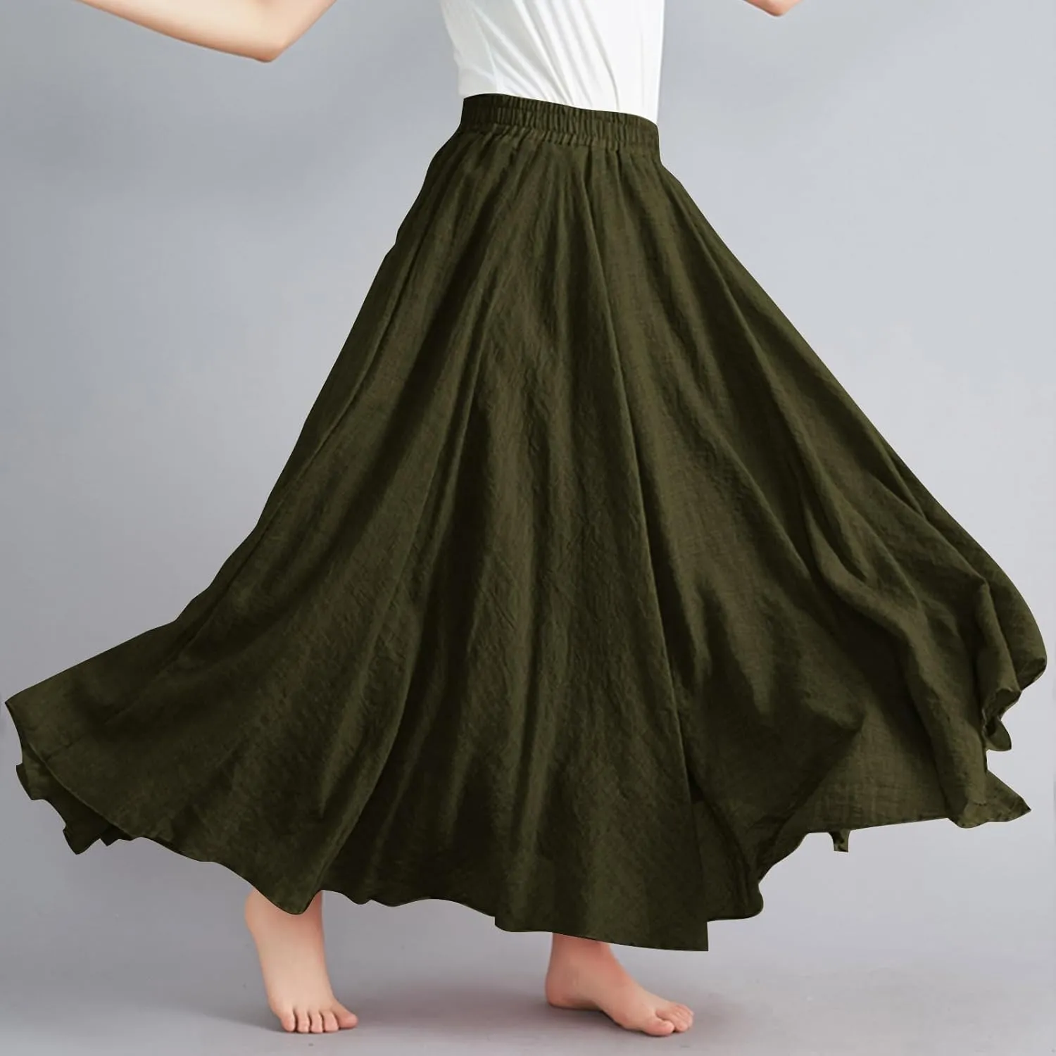Womens Maxi Skirts Summer Boho Solid Beach Elastic High Waist Pleated A-Line Flowy Solid Color Swing Long Maxi Skirt