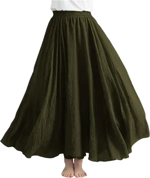 Womens Maxi Skirts Summer Boho Solid Beach Elastic High Waist Pleated A-Line Flowy Solid Color Swing Long Maxi Skirt