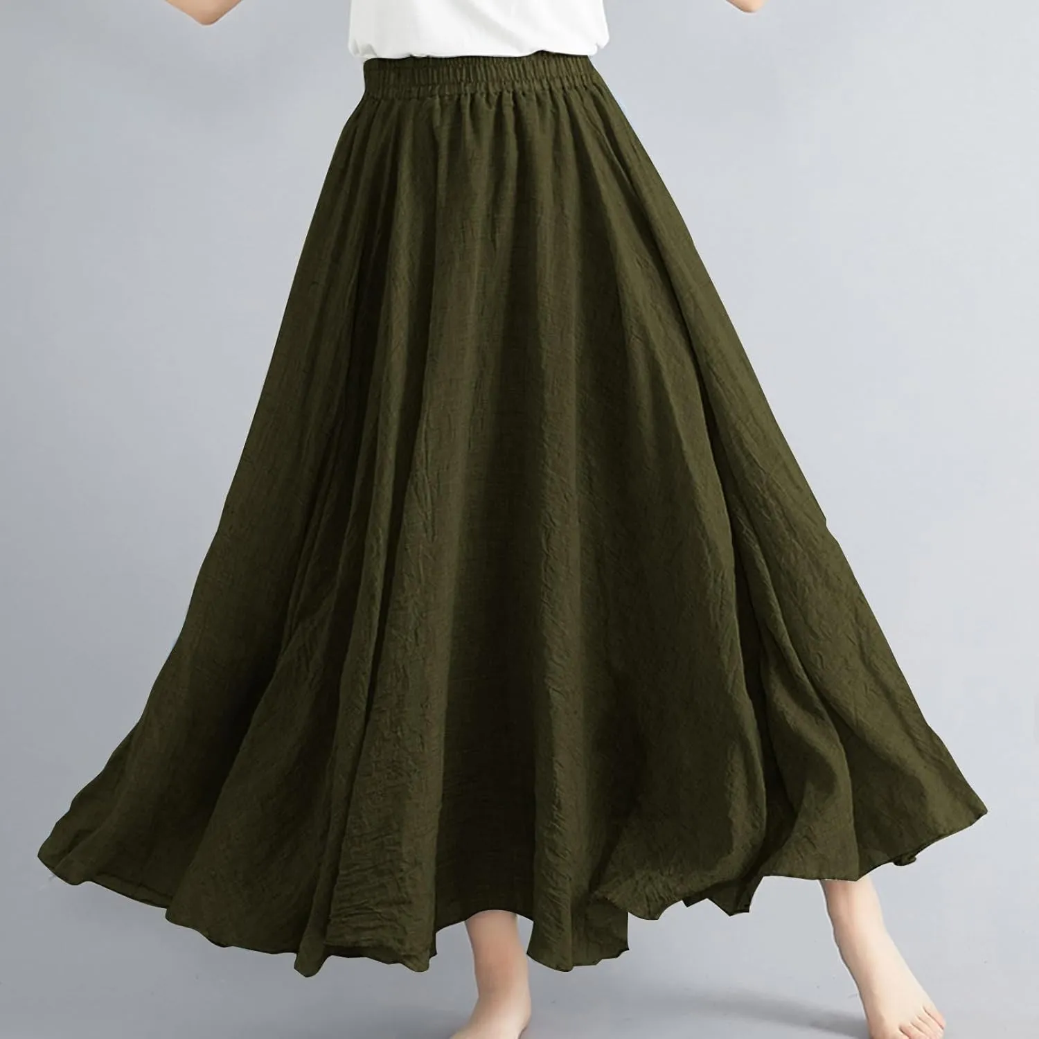 Womens Maxi Skirts Summer Boho Solid Beach Elastic High Waist Pleated A-Line Flowy Solid Color Swing Long Maxi Skirt