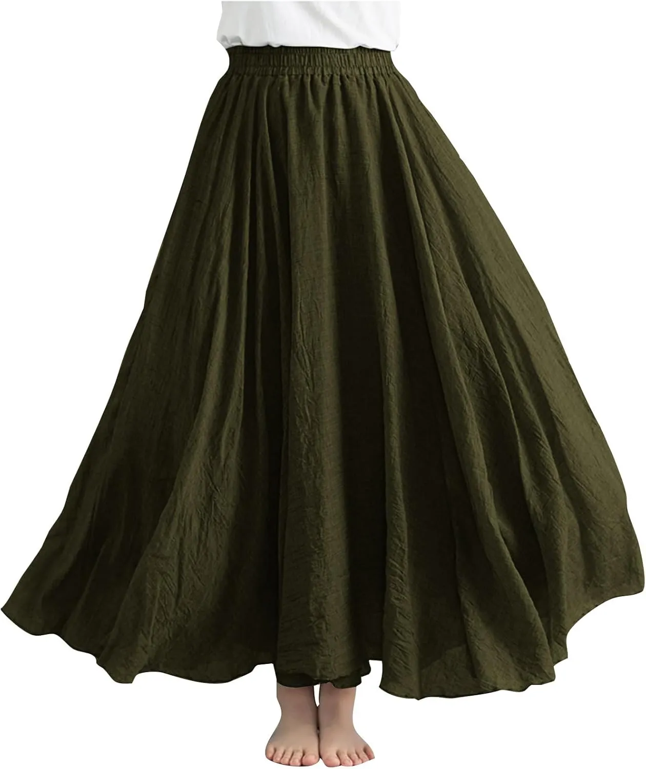 Womens Maxi Skirts Summer Boho Solid Beach Elastic High Waist Pleated A-Line Flowy Solid Color Swing Long Maxi Skirt