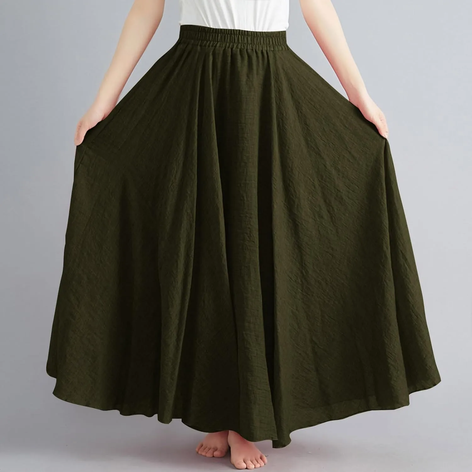 Womens Maxi Skirts Summer Boho Solid Beach Elastic High Waist Pleated A-Line Flowy Solid Color Swing Long Maxi Skirt